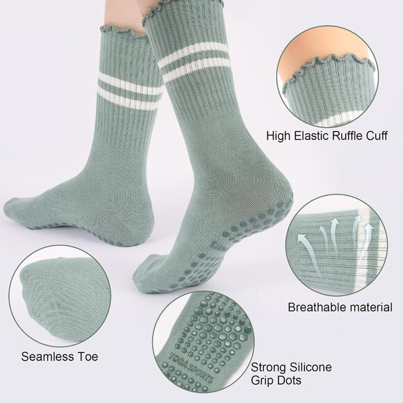 3 Pairs Yoga Socks with Grips, Non Slip Ruffle Pilates Socks Frilly Crew Socks f - Picture 2 of 7